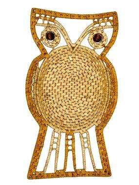 Vtg Woven Owl Wall Basket Rattan Straw Boho Rustic Folk Art Woodland Handmade